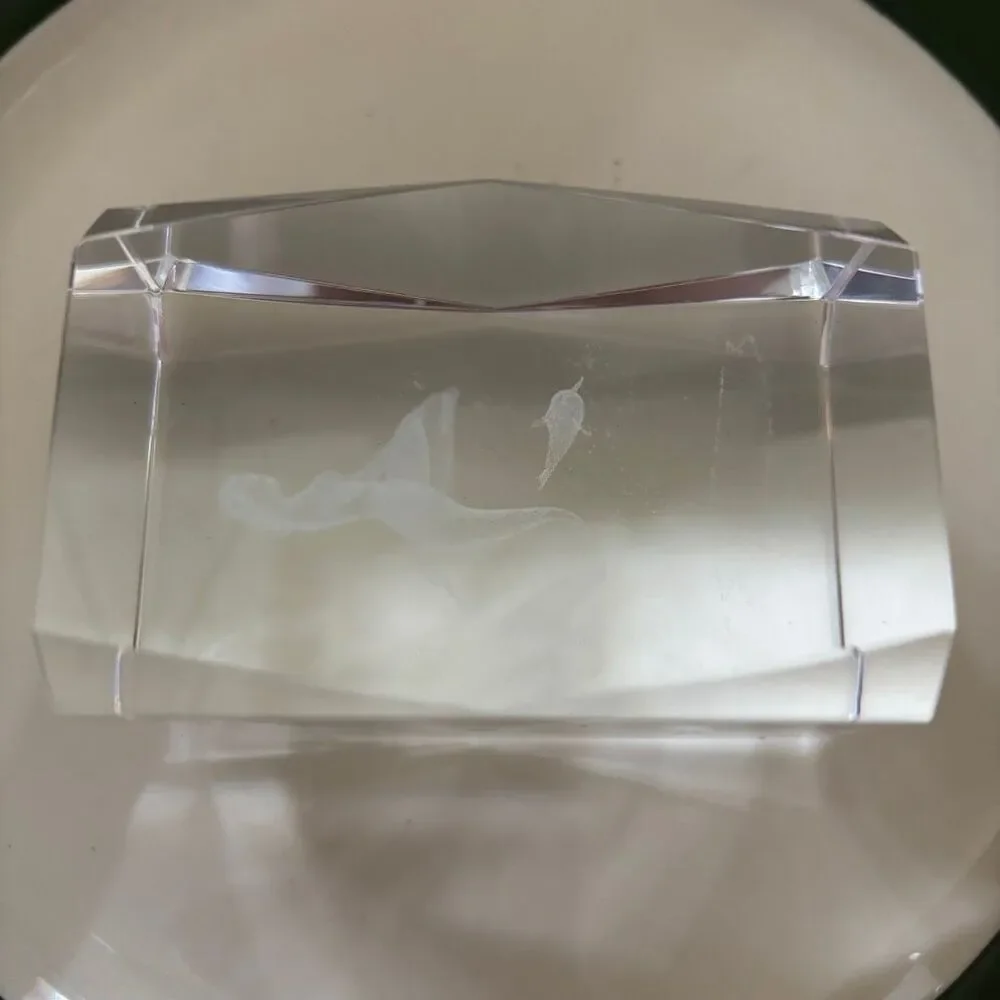 Vintage 3D Laser Etched Crystal Glass Paperweight Mermaid Dolphins with Box